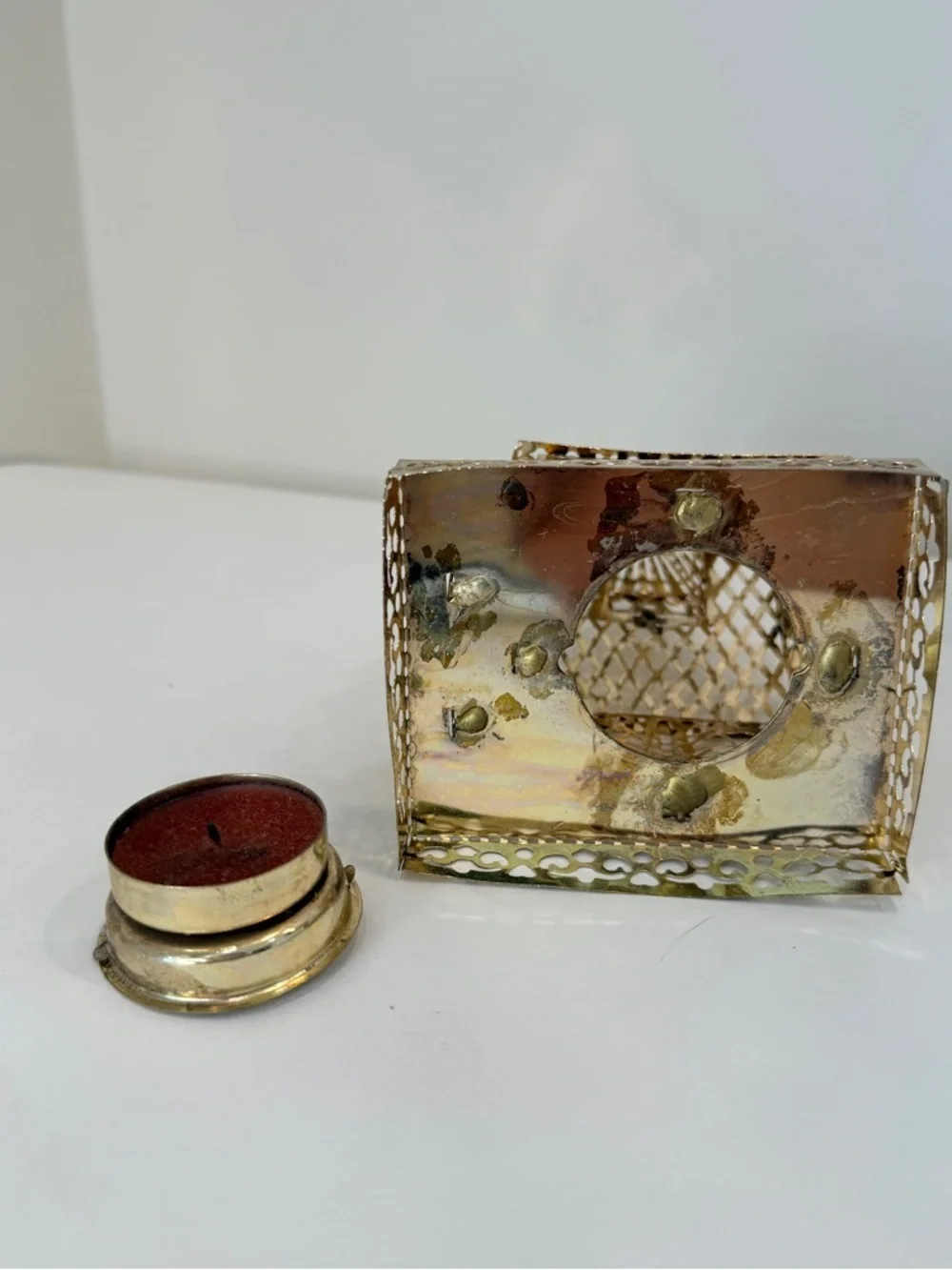 Vtg Brass Filigree Church Tea Light Votive Candle Holder 7.5